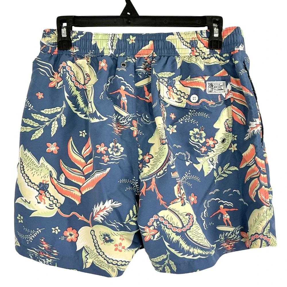 Polo Ralph Lauren Swim Trunks Men's Medium Blue Hawaiian Surfer Print Mesh Lined